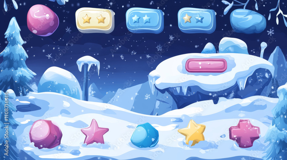 Poster ice or glass gui elements covered with snow - cartoon vector illustration set of game user interface