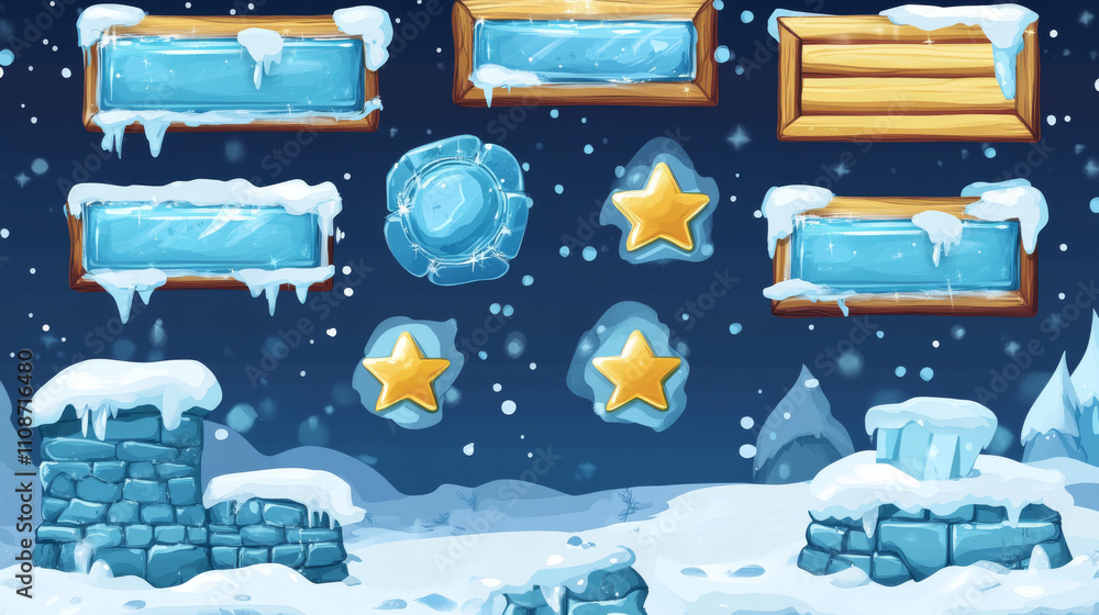 Poster ice or glass gui elements covered with snow - cartoon vector illustration set of game user interface