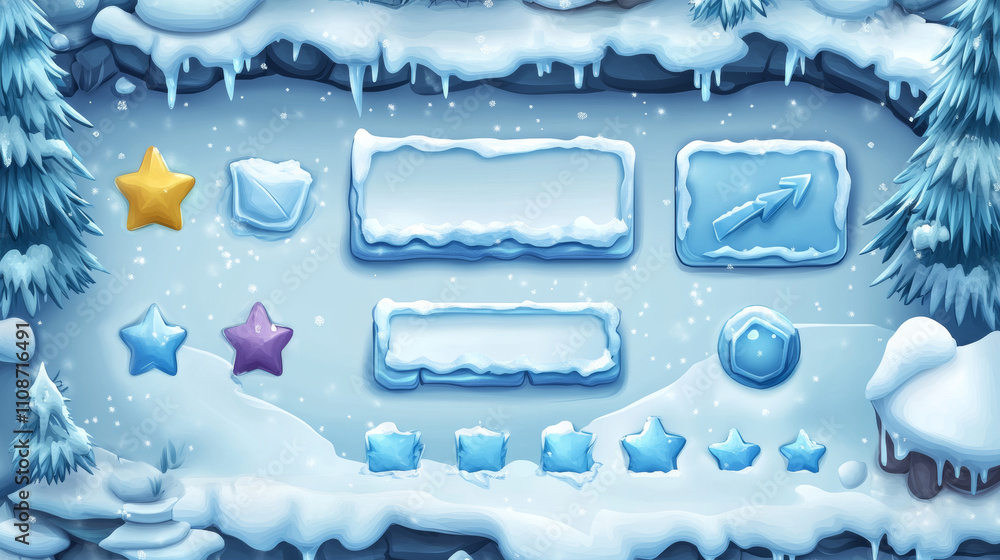 Poster ice or glass gui elements covered with snow - cartoon vector illustration set of game user interface