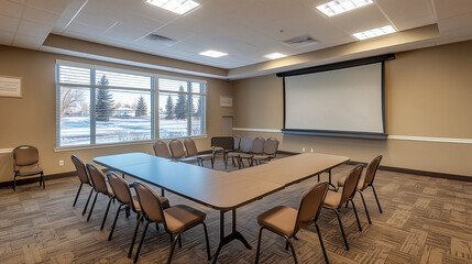 Fototapeta premium Modern empty business meeting room with rectangular table, chairs, partially lowered projector screen, large window with blinds, and natural light creating a calm and professional environment 