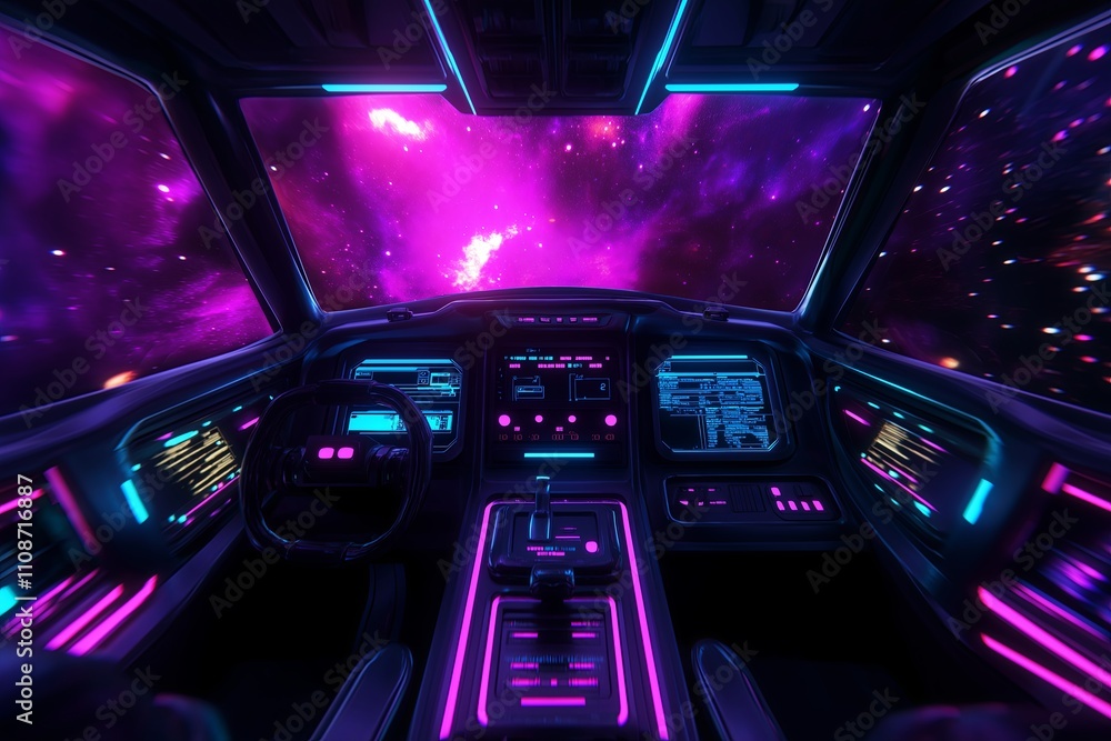 Poster a futuristic spaceship cockpit with glowing controls overlooking a colorful nebula.