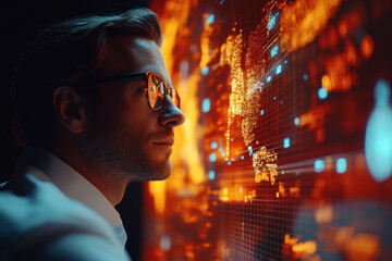 Man engrossed in digital screen, surrounded by gadgets and wires, a futuristic tech setup in dimly lit room, creating a tech-savvy vibe.