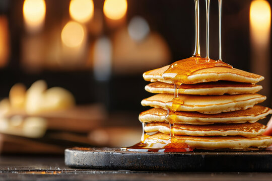Dad making pancakes with kids, fun breakfast tradition, Delicious stack of pancakes with syrup dripping down, creating a tempting and mouthwatering treat perfect for breakfast.