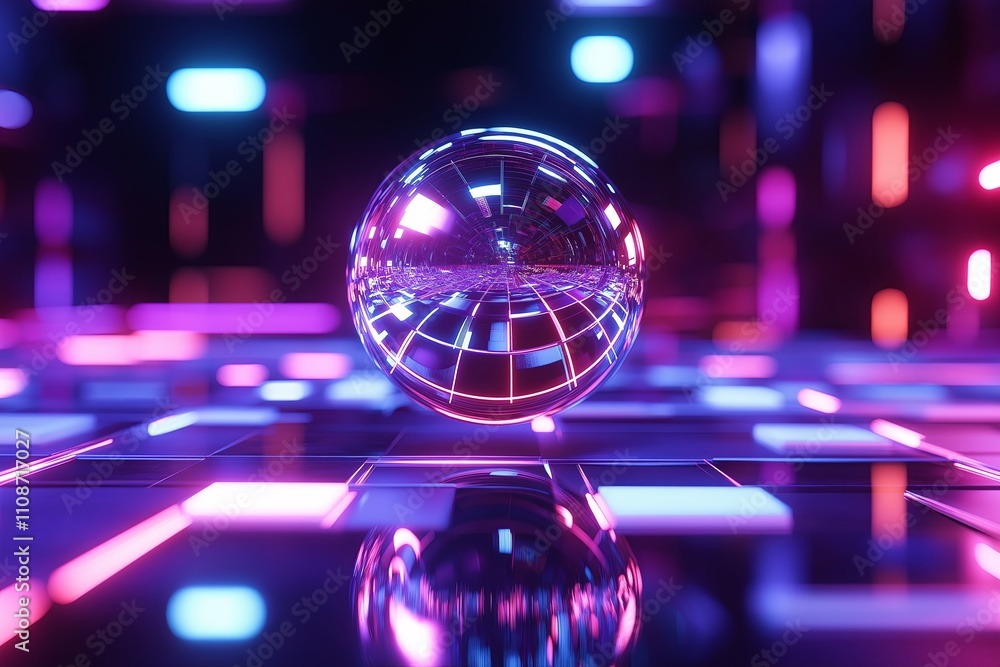 Poster a glowing geometric sphere hovering above a reflective metallic floor in an endless void. --ar 3:2 -