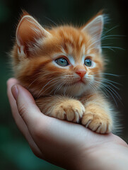Obraz premium Cute orange kitten resting in a person's hand during a calm outdoor moment