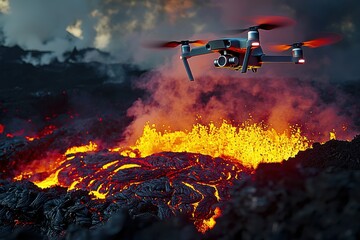 Obraz premium Drone capturing erupting lava volcano location aerial fiery environment dynamic viewpoint nature concept