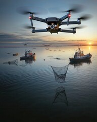 Naklejka premium Drone fishing in coastal waters aerial marine environment sunset view innovative technology