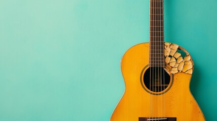 Obraz premium A vintage acoustic guitar with a damaged edge rests against a turquoise wall, showcasing its warm wood tones and craftsmanship.