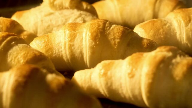 French croissants baking in oven. Homemade bakery. Croissants rising up in oven. Freshly baked croissant. Bakery concept. Close-up in 4K, UHD