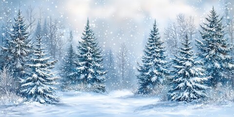Serene snow-covered forest with falling snowflakes and tall evergreen trees.