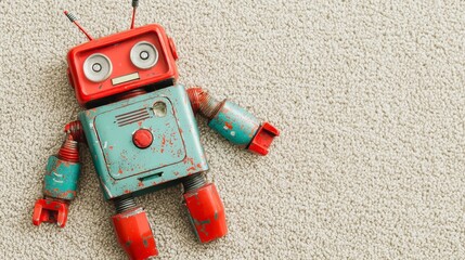 Fototapeta premium A colorful vintage toy robot with a retro design lies on a textured surface, showcasing its playful charm and nostalgic appeal.