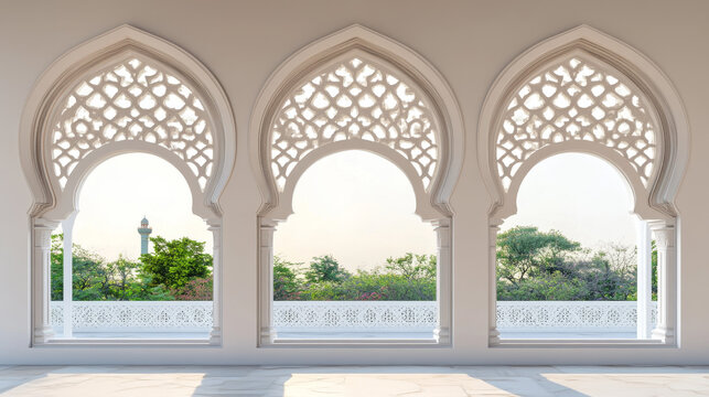 Arab windows set on white wall background. Vector realistic illustration of traditional islamic arch gate frame, muslim mosque, arabian royal palace, ancient indian building design, architecture style