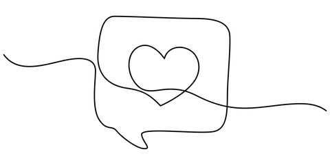 Single continuous line drawing two stacked callouts, one of which has a heart symbol. Expression of feelings. Praise, Romantic phone call with heart inside speech bubble icon vector, White pills.