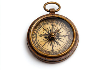 An old compass resting on a white background, its weathered metallic surface revealing years of navigation and exploration.