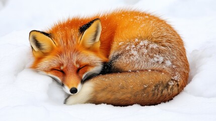 Fototapeta premium A red fox is curled up, resting peacefully in a blanket of soft white snow. The serene winter landscape creates a tranquil atmosphere as the fox enjoys a moment of stillness.