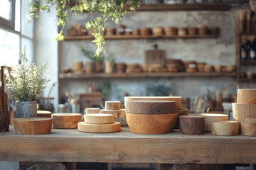 Wooden bowls and plants on a rustic table.