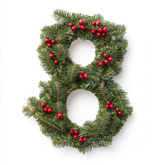 Christmas Number Eight 8 Wreath with Pine Cones and Berries on White Background