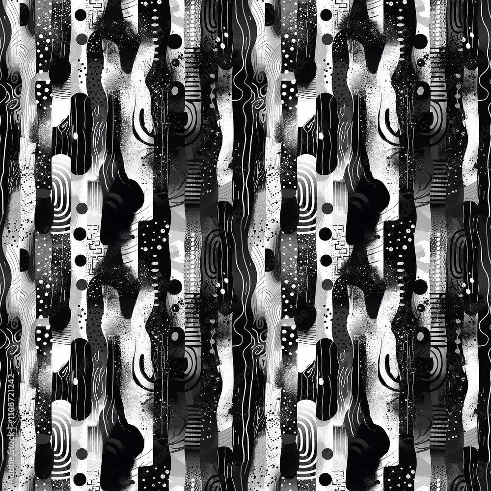 Poster dynamic black and white abstract design featuring seamless patterns of bold shapes