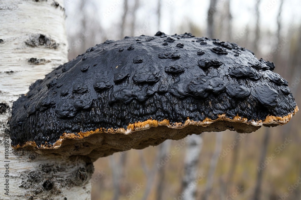 Poster close-up of a black birch polypore fungus growing on a birch tree trunk in a forest setting