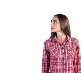 Woman in a red plaid shirt looking sideways, isolated on a white background. Closeup view. Perfect for presentation or design layouts