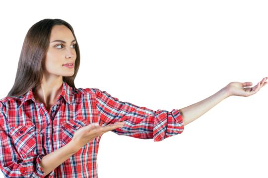 Woman wearing red plaid shirt gesturing with her open hand. Isolated on a white background. Concept of presentation, promotion, or guidance