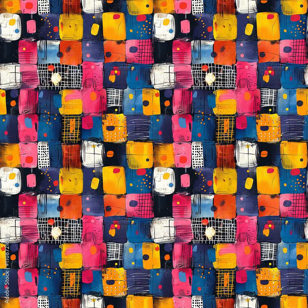 Poster vibrant abstract pattern with bold colors and playful shapes in seamless design