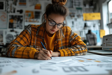 Woman in glasses writing on paper, focused and determined. Pen poised, set against a clear background.