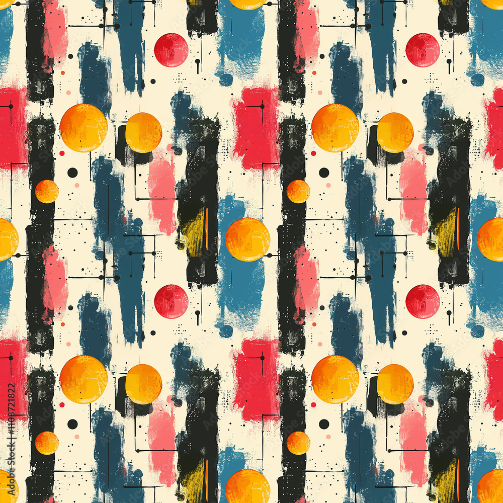 Poster vibrant abstract pattern with colorful circles and brush strokes in a seamless design