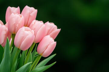 Fototapeta premium bouquet of pink tulips, with green leaves against a dark background, springtime charm or celebrating Valentine's Day concept, floral delicate background, copy space for text