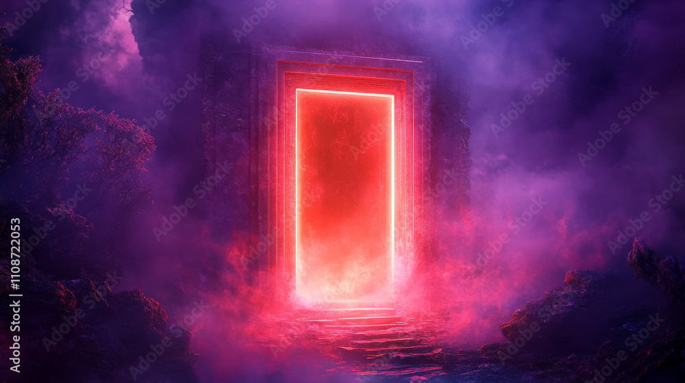 Poster neon futuristic door frame with luminous and fog. realistic vector illustration of glowing red and p