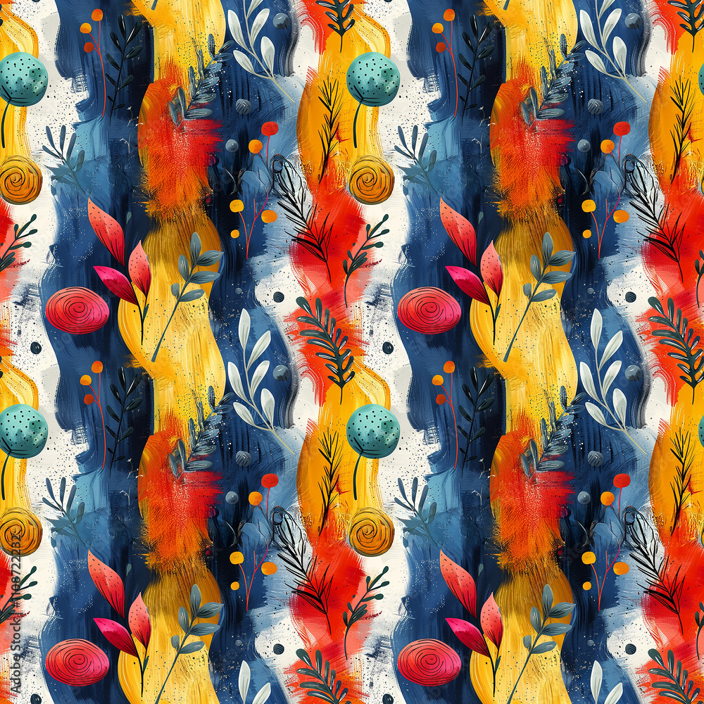 Poster bright and colorful seamless pattern with abstract botanical elements and shapes