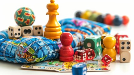 Fototapeta premium A collection of board game pieces with a neck pillow nearby, representing fun and relaxation, isolated on white background