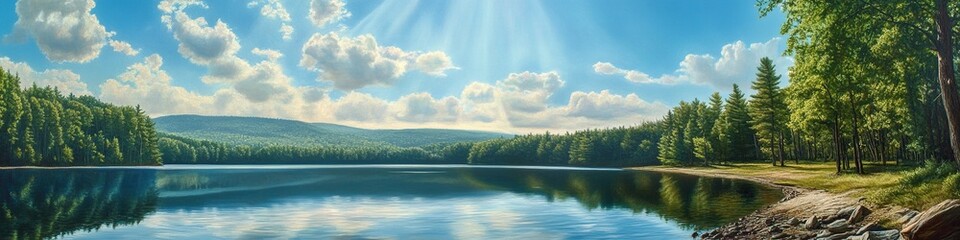 Serene Lake Reflecting Sunbeams and Lush Green Forest in a Picturesque Mountain Landscape