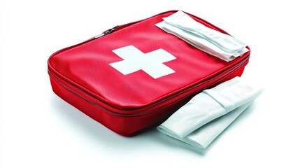 Red first aid kit with white cross, containing bandages and medical supplies, perfect for use in emergencies, outdoor activities, and home safety preparedness.