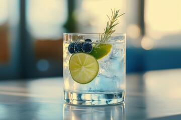A glass of water with a lime wedge and blueberries floating in it
