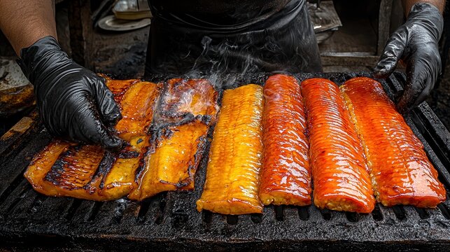 Grilling delicious fish fillets outdoor market culinary experience urban setting close-up view food culture insights