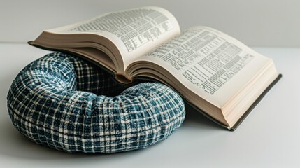 Obraz premium A crossword puzzle book with a neck pillow nearby, symbolizing mental engagement and comfort, isolated on white