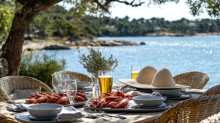 Kräftskiva celebrations come alive with a scenic waterfront view, showcasing vibrant lobsters, refreshing drinks, and a relaxed outdoor dining setup under the sun.