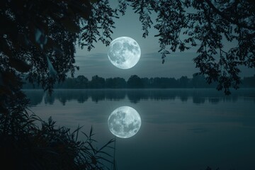 Fototapeta premium Radiant moon above tranquil lake, reflecting serenity and creating a mystical atmosphere at night