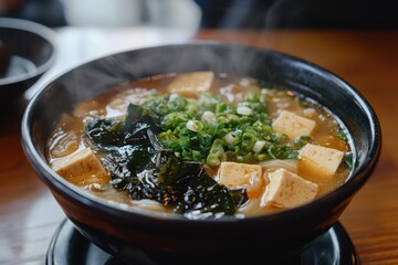 A bowl of soup with a lot of green stuff in it