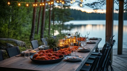 Kräftskiva celebrates a joyful outdoor feast by the water, adorned with vibrant red crayfish, twinkling lights, and a serene backdrop of nature, creating a cozy summer atmosphere.