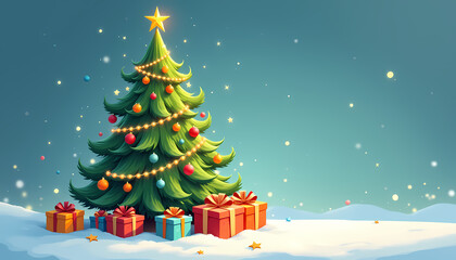 Obraz premium Decorated Christmas tree with gifts in a snowy landscape and starry sky