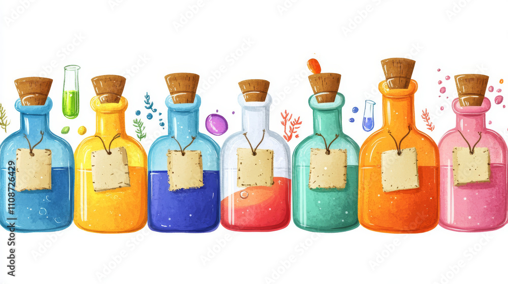 Poster game assets of glass bottles and flasks with colorful liquid elixir or potion. cartoon vector set of