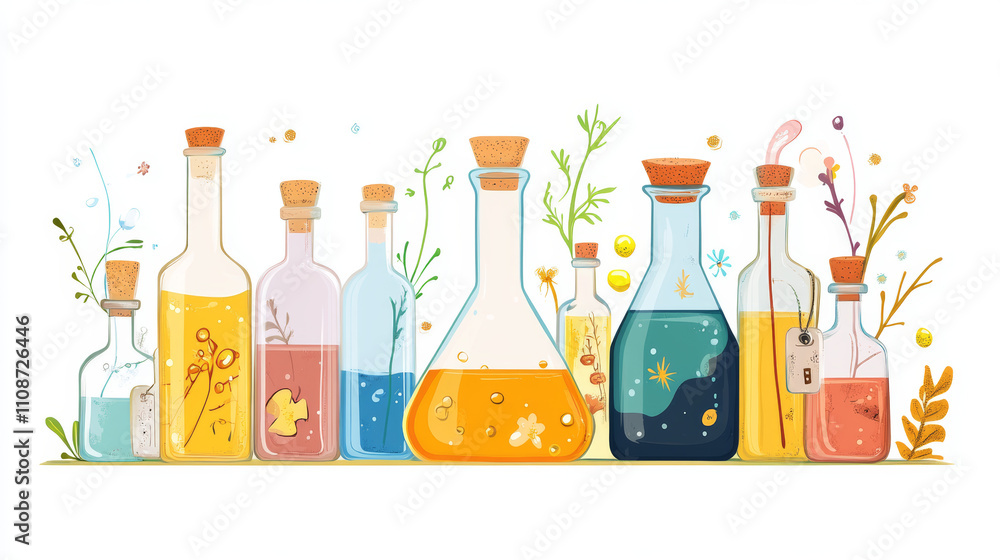 Poster game assets of glass bottles and flasks with colorful liquid elixir or potion. cartoon vector set of