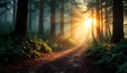 Obraz premium Radiant Forest Path: A Serene Journey Through Sunlit Rays and Lush Greenery