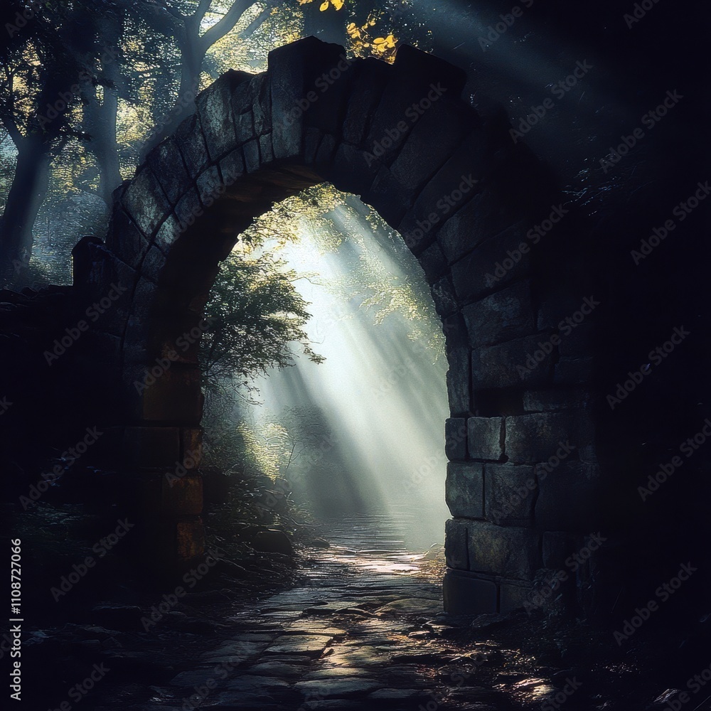 Poster mystical stone archway surrounded by trees, illuminated by soft rays of sunlight.