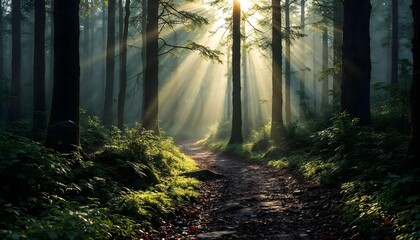 Fototapeta premium Radiant Forest Path: A Serene Journey Through Sunlit Rays and Lush Greenery
