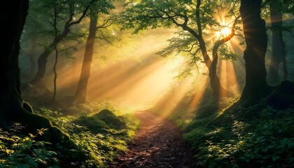 Obraz premium Radiant Forest Path: A Serene Journey Through Sunlit Rays and Lush Greenery