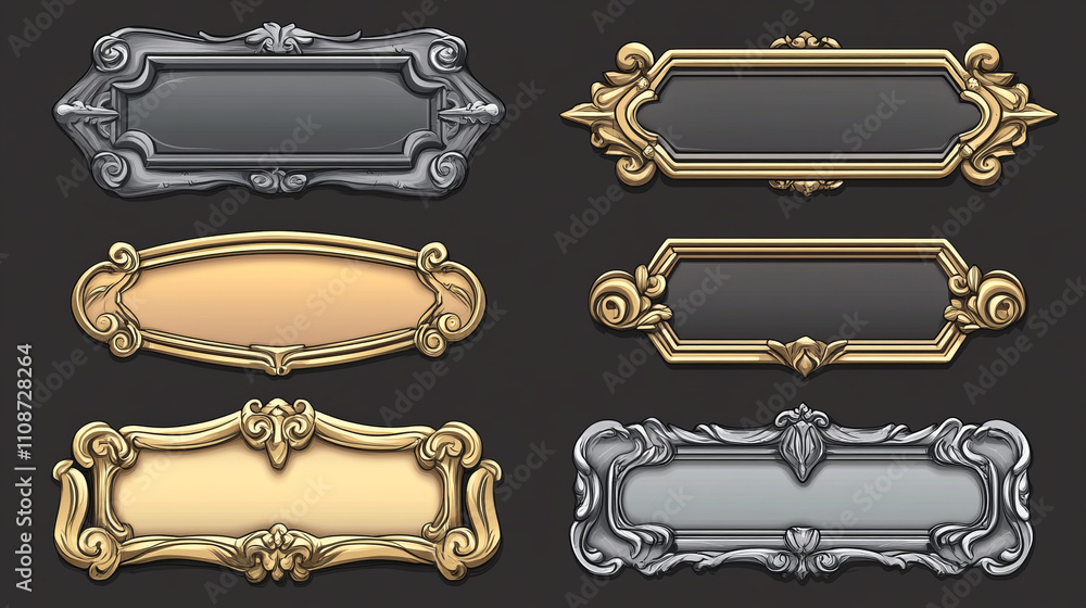 Poster game frames, silver and gold ui borders evolution from simple to luxury plaque with elegant curvy ri