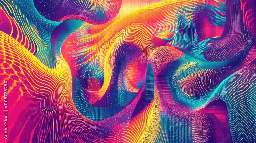 Poster abstract pixelated illusion art with swirling patterns, where pixels blend together to form an optic